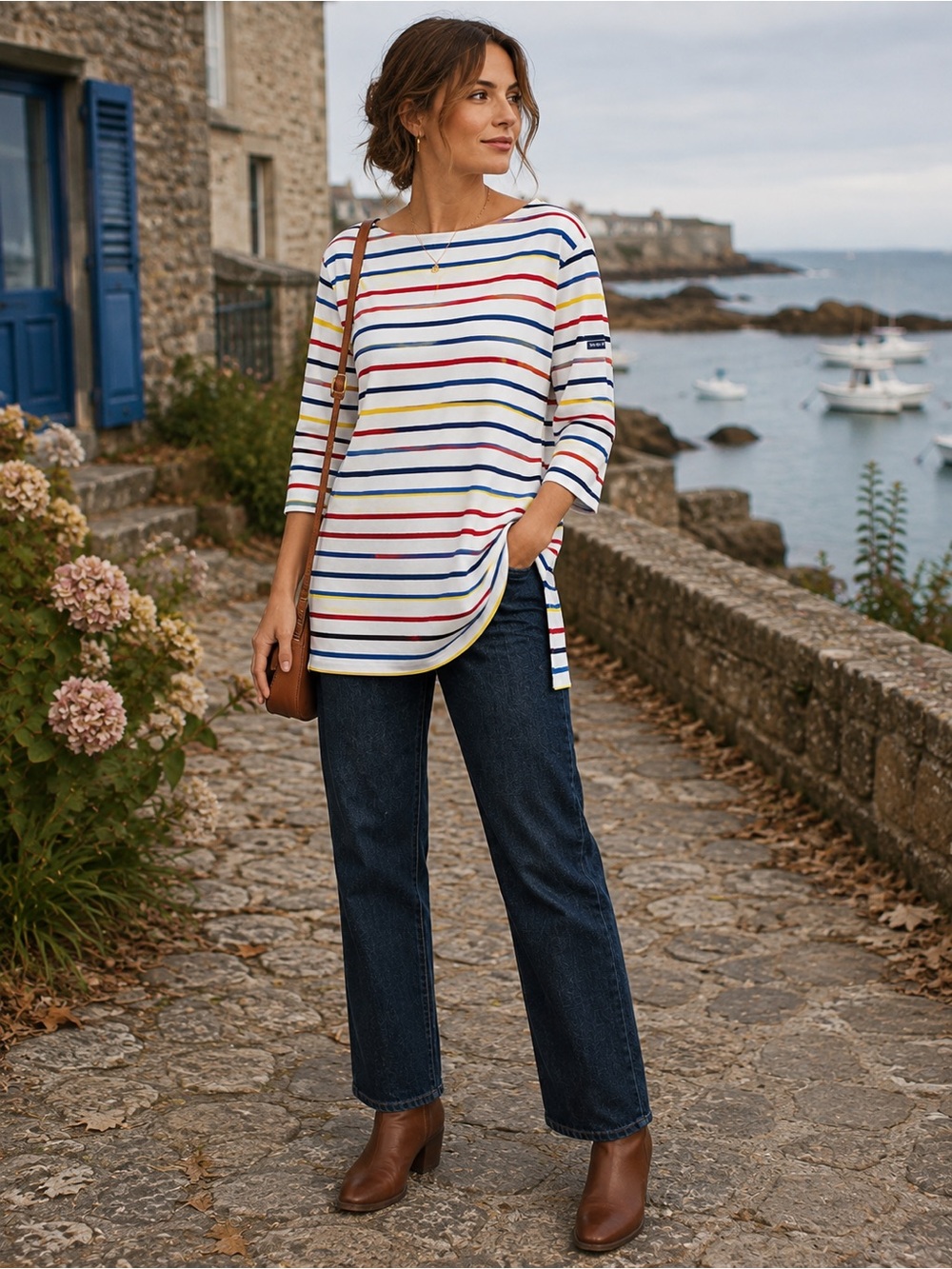 Saint James Made in France Multicolor Striped Tunic Top Breton 3/4 Sleeve XL